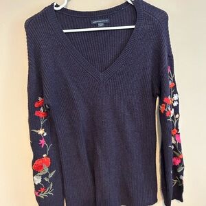 American Eagle Outfitters Dark Blue V-Neck Sweater with Floral Embroidery